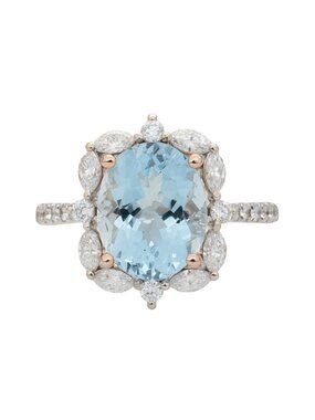 3.28Ct Aquamarine Ring with Marquise and Round Diamonds in Solid 14K White Gold